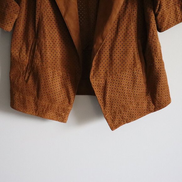 Alfani Women's Brown Sz‎ MP Brown Faux Suede Open Front Casual Eyelet Jacket - Picture 8 of 10